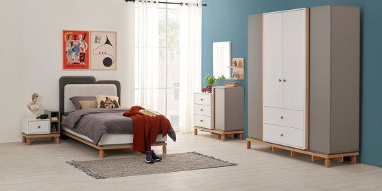 Gray Genç Odası takımı, modern çizgileri ve İnegöl mobilyası kalitesiyle yatak, gardırop ve şifonyer içerir. Genç odaları için ideal.
