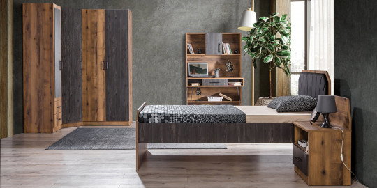 Modern inegol mobilya Köşem Genç Odası takımı. Ahşap desenli gardırop, çalışma masası, karyola ve komodin içeren şık ve fonksiyonel genç odası mobilyaları.