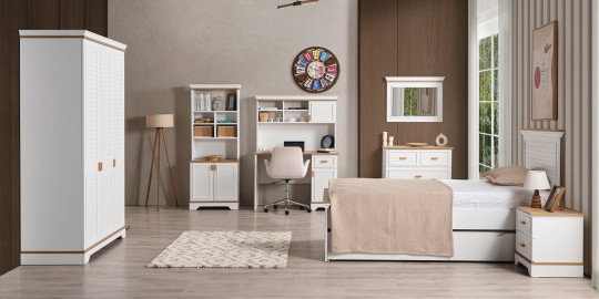 Lofter Genç Odası, modern beyaz tasarımlı gardırop, çalışma masası, yatak ve komodinleri içeren kaliteli İnegöl mobilya setidir.