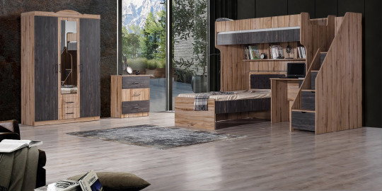 Modern ve fonksiyonel Rebab Genç Odası takımı, ranza sistemi, aynalı gardırop ve şifonyer ile İnegöl mobilya kalitesini sunuyor.