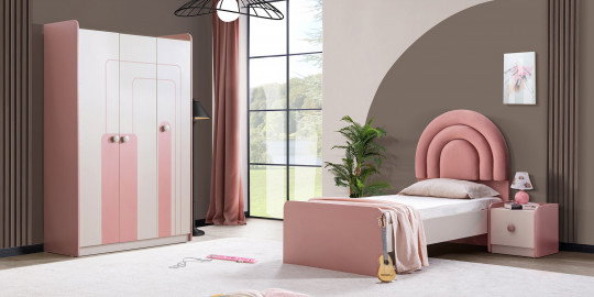 Pembe ve beyaz tonlarında, modern tasarımlı Rosetta Genç Odası takımı, yatak, üç kapılı dolap ve komodin ile şık bir görünüm sunuyor. inegöl mobilya kampanyaları ile bu odaya sahip olun.