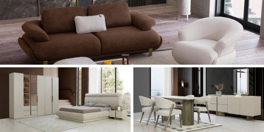 Modern kahverengi koltuk, beyaz berjer, yatak odası takımı ve yemek odası seti içeren Siesta Düğün Paketi, zarif İnegöl mobilyası örneği.