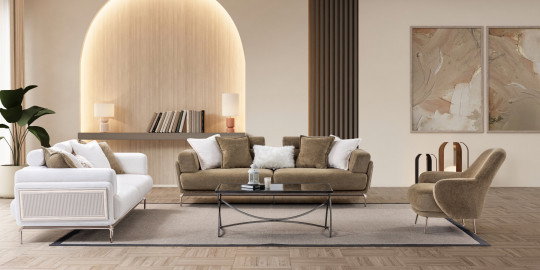 Yağmur Koltuk Takımı ile dekore edilmiş modern salon, beyaz ve kahverengi tonlarda şık koltuklar ve zarif detaylar sunar. İnegöl mobilya kampanyaları kapsamında bu takıma sahip olun.