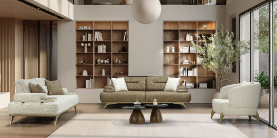Modern tarzda kahverengi üçlü koltuk ve krem rengi tekli koltuklar içeren Elif Koltuk Takımı. Şık bir salon için inegol mobilya kalitesi.