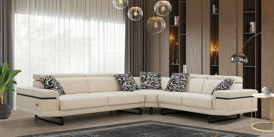 Modern yaşam alanları için ideal Diva Krem Köşe Koltuk Takımı, siyah metal ayaklar ve zebra desenli yastıklarla şık bir inegol mobilya ürünüdür.