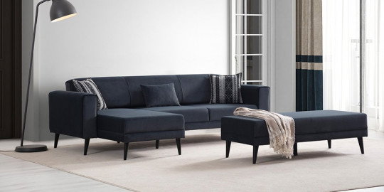 Modern tasarımlı Elita antrasit köşe koltuk takımı, uygun bir pufla tamamlanmıştır. Minimalist çizgileri ve konforlu yapısıyla İnegöl mobilya kalitesini yansıtır.
