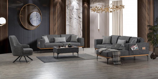 Modern ve şık gri Life Köşe Koltuk Takımı, ahşap detaylı tasarımı ve tekli koltuğu ile konfor sunar. inegöl mobilya kampanyaları ile yaşam alanınızı güzelleştirin.