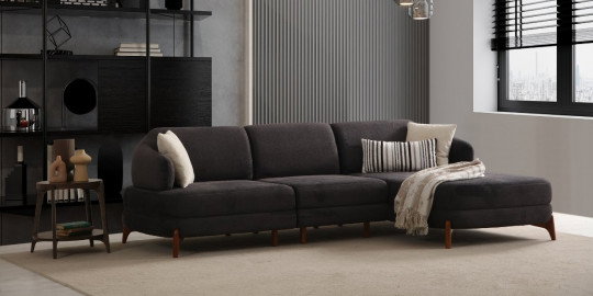 Milano Köşe Koltuk Takımı, modern tasarımıyla gri kumaş ve ahşap detaylara sahiptir. İnegöl mobilya Fiyatları ile konforlu L koltuk.