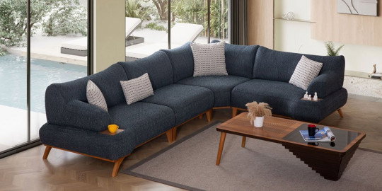 Modern yaşam alanları için tasarlanmış Palermo mavi köşe koltuk takımı, ahşap detayları ve konforlu yapısıyla. Uygun Fiyatlı inegöl mobilya.
