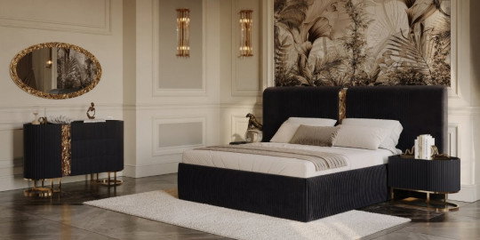 Lyon Black Yatak Odası Takımı, siyah kadife karyola, şifonyer ve komodinlerle modern inegol mobilya şıklığını yansıtır.