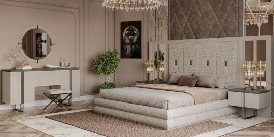 Modern lüks Madrid Luxury Yatak Odası Takımı, şık yatak, geometrik desenli baza başlığı, ayna ve İnegöl mobilya Fiyatları ile konforu birleştiriyor.