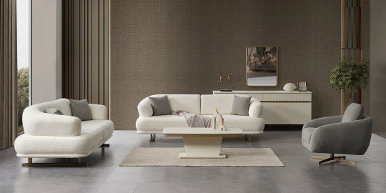 Modern beyaz bouclé dokulu Gloria Koltuk Takımı, gri berjer ve krem renkli sehpa ile şık bir salon dekoru sunuyor. Uygun Fiyatlı inegöl mobilya arayanlara özel.