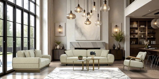 Geniş pencereli aydınlık bir salonda yer alan modern Hitit Koltuk Takımı, bej dokulu kumaşı ve metal detayları ile İnegöl mobilya modelleri arasında öne çıkıyor.