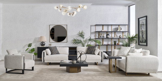 Krem rengi, metal detaylı Stella koltuk takımı ile modern bir salon. İnegöl mobilya fiyatları ve şık tasarım seçenekleri.
