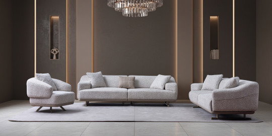 Modern salon dekorasyonuna uygun, açık gri renkli Terra Koltuk Takımı. Rahatlık ve estetiği birleştiren inegol mobilya ürünü.