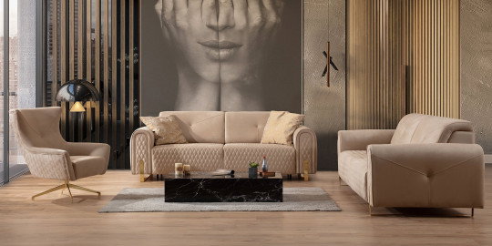 Modern ve şık Versace Koltuk Takımı, bej rengi, kapitone detaylı ve altın ayaklı. inegol mobilya kalitesiyle estetik ve konfor.