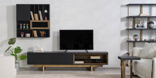 Siyah ve gold detaylı modern Stella Tv Ünitesi, duvara monte raf ve kitaplık içeren şık oturma odası takımı. Uygun Fiyatlı inegöl mobilya.