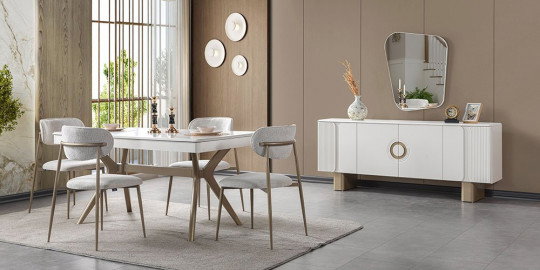 Modern inegol mobilya Floria yemek odası takımı, beyaz parlak masası, bej döşemeli sandalyeleri ve gold detaylı büfesiyle şık bir yaşam alanı sunuyor.