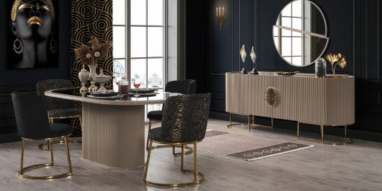 Lüks detaylara sahip bej ve siyah Gucci Cappicuno yemek odası takımı, zarif sandalyeleri ve modern büfesiyle. inegöl mobilya kampanyaları ile şimdi keşfedin.
