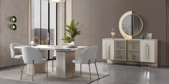Modern Lara Yemek Odası Takımı, mermer desenli masa, krem sandalyeler ve aynalı konsol. Uygun Fiyatlı inegöl mobilya şıklığı.