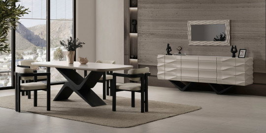 Modern tasarımlı Meva yemek odası takımı, bej tonlarında sandalyeler ve ahşap X ayaklı masa ile lüks bir görünüm sunuyor. Şık İnegöl mobilyası kalitesinde.