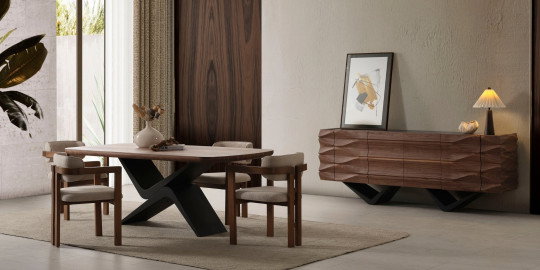 Ceviz ağacından üretilmiş Meva Yemek Odası Takımı, modern X ayaklı masa, dört sandalyenin yanında şık bir büfeden oluşuyor. Modern inegol mobilya zarafeti.