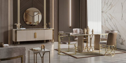 Solo Lux Vizon Yemek Odası Takımı: Krem büfe, altın detaylar, vizon sandalyelerle lüks ve şık bir Modern inegol mobilya tasarımı.