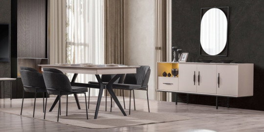Modern ve şık Zümrüt yemek odası takımı, gri döşemeli sandalyeler ve açık renkli masa tablası ile. En yeni İnegöl mobilya modelleri arasında.