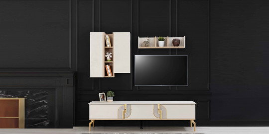 Siyah panel duvar önünde modern tasarımlı Kelebek TV ünitesi ve asma dolaplar. Şık ve fonksiyonel İnegöl mobilya modelleri.