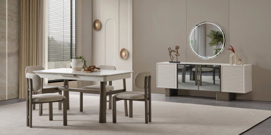 Miray modern yemek odası takımı, zarif beyaz masa ve bej sandalyeleriyle şık bir salon dekorasyonu sunar. İnegöl mobilya Fiyatları için ideal.