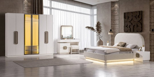 Ekru renkli Prada yatak odası takımı, modern kapaklı dolabı, bubble karyolası ve şık şifonyeriyle İnegöl mobilya kalitesini yansıtıyor.