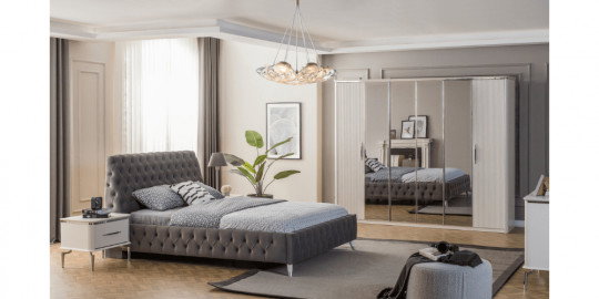 Modern gri kapitoneli Royal Gümüş Yatak Odası Takımı. Aynalı gardırop ve şık komodin ile lüks bir yatak odası. Özel inegöl mobilya kampanyaları fırsatlarını kaçırmayın.