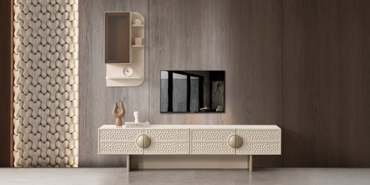 Modern Petek Tv Ünitesi, dokulu krem rengi kapakları ve altın detaylarıyla şık bir görünüm sunuyor. inegöl mobilya kampanyaları ile evinize modern bir dokunuş katın.