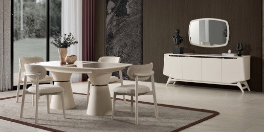 Modern Balat Yemek Odası Takımı. Krem renkli masa, rahat sandalyeler ve şık büfe ile yaşam alanınızı güzelleştirin. inegol mobilya kalitesi.