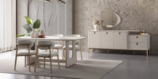 Modern Cupra Yemek Odası Takımı, krem renkli yemek masası, döşemeli sandalyeleri ve şık büfesiyle. Kaliteli İnegöl mobilya zarafeti.