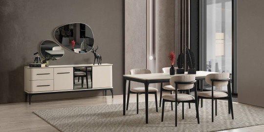 Krem rengi masa ve sandalyeler, aynalı büfe ve modern inegol mobilya ile Destan Yemek Odası Takımı'nın şık ve fonksiyonel görünümü.