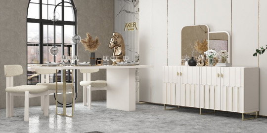 Modern tasarımlı Destan Yemek Odası Takımı, uzun beyaz masa, krem bouclé sandalyeler ve gold detaylı konsol ile zarif bir görünüm sunuyor. İnegöl mobilya kalitesiyle evinizin atmosferini değiştirin.