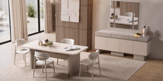 Mokka Yemek Odası Takımı, modern bej tonlarında masa, dört sandalye ve konsol içerir. Şık tasarımıyla İnegöl mobilya Fiyatları araştıranlara özel.