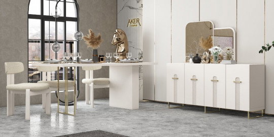 Olimpos Yemek Odası Takımı, modern beyaz masa, bej sandalyeler ve gold detaylı konsoluyla şık bir İnegöl mobilya örneği.