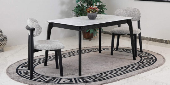 Beyaz seramik tablalı modern mutfak masası ve gri kumaş sandalyeler. Estetik ve fonksiyonel Uygun Fiyatlı inegöl mobilya.