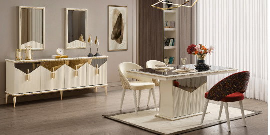 Modern Side Yemek Odası takımı: Krem büfe, aynalar, gold detaylar ve şık sandalyelerle. inegöl mobilya kampanyaları ile keşfedin.