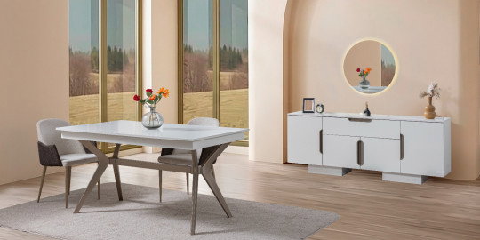 Modern beyaz yemek masası, gri kumaş sandalyeler ve uyumlu beyaz konsol içeren Zen Yemek Odası Takımı. Uygun Fiyatlı inegöl mobilya.