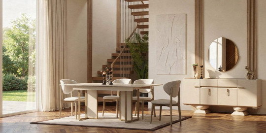 Bonita Yemek Odası Takımı, zarif bej tonlarında, modern çizgili masa ve sandalyeleriyle şık bir yaşam alanı sunar. Bu Modern inegol mobilya, yan büfe ve aynasıyla uyumlu bir bütünlük oluşturur.