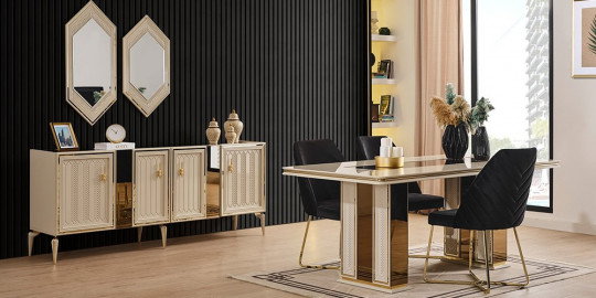Şık aynalı büfe, siyah kadife sandalyeler ve altın detaylı masa ile Velar yemek odası takımı, modern İnegöl mobilya modelleri arasında öne çıkıyor.