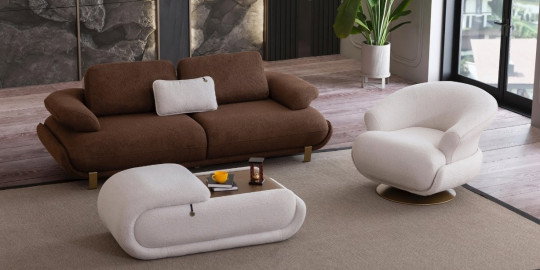 Modern Siesta Kahve Koltuk Takımı, rahat kahverengi kanepesi, döner beyaz berjer ve fonksiyonel sehpasıyla modern bir oturma odası sunar. inegol mobilya kalitesi.