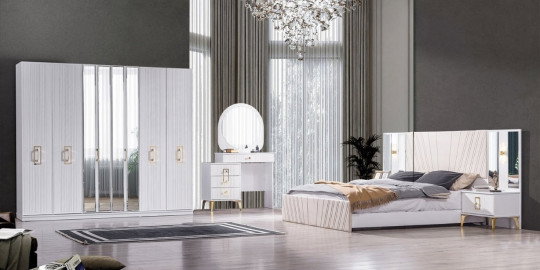 Modern tasarımlı Rio Sarı Yatak Odası Takımı Mdf, beyaz renkli gardırop, şifonyer, komodin ve yatak başlığıyla şık bir inegol mobilya örneğidir.
