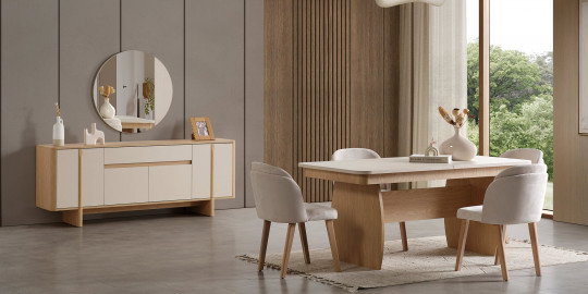 Modern ve şık tasarımıyla öne çıkan, açık renk ahşap Stil Yemek Odası Takımı ve uyumlu büfe. inegol mobilya kalitesiyle evinizin atmosferini değiştirin.