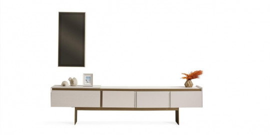 Modern Moon Ekru Tv Ünitesi, ahşap detaylar ve ribbed kapakla. Uyumlu dikdörtgen ayna. Şık İnegöl mobilya tasarımı.