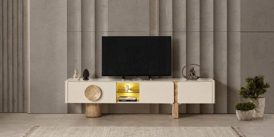 Şık bej Serene Tv Ünitesi, ahşap dokulu detayları, aydınlatmalı rafı ve minimalist tasarımıyla modern yaşam alanlarına estetik katar. İnegöl mobilya Fiyatları araştırmanızda öne çıkan bir model.