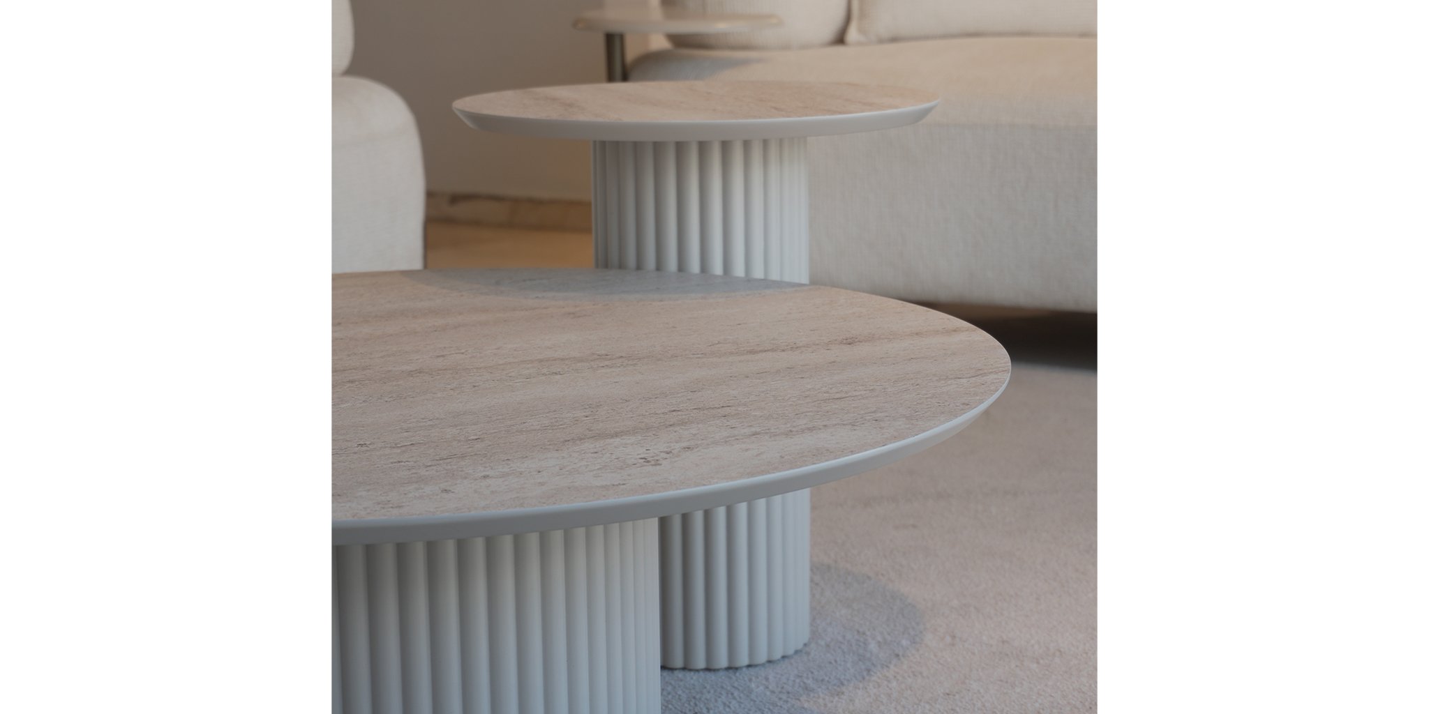 Traverten Yuvarlak Sehpa Seti